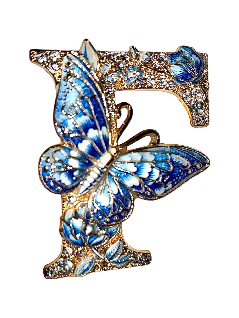 New Blue & White Butterfly Letter F Brooch Enamel Accent Vintage Look